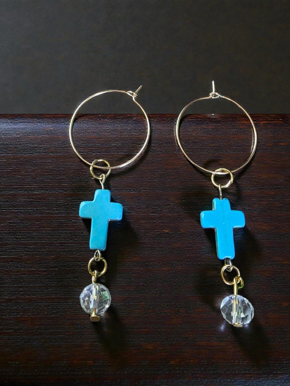 Handmade Turquoise Cross Hoop Earrings Crystal Charm Dangle Religious NWT